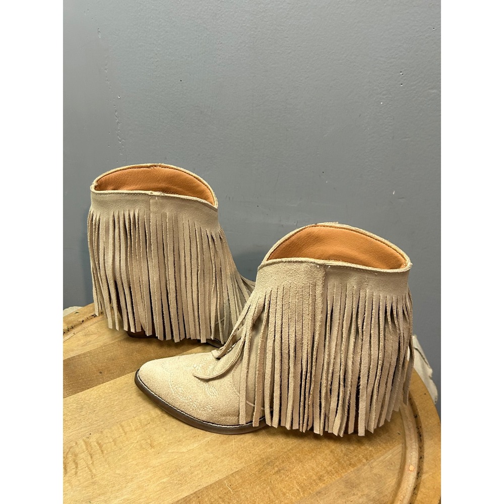Dingo Ankle Boots Women 9.5M Sand Suede Fringe Western Pointed Toe Booties - Picture 11 of 13